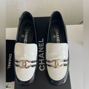 CHANEL Black and White Patent Leather Loafers